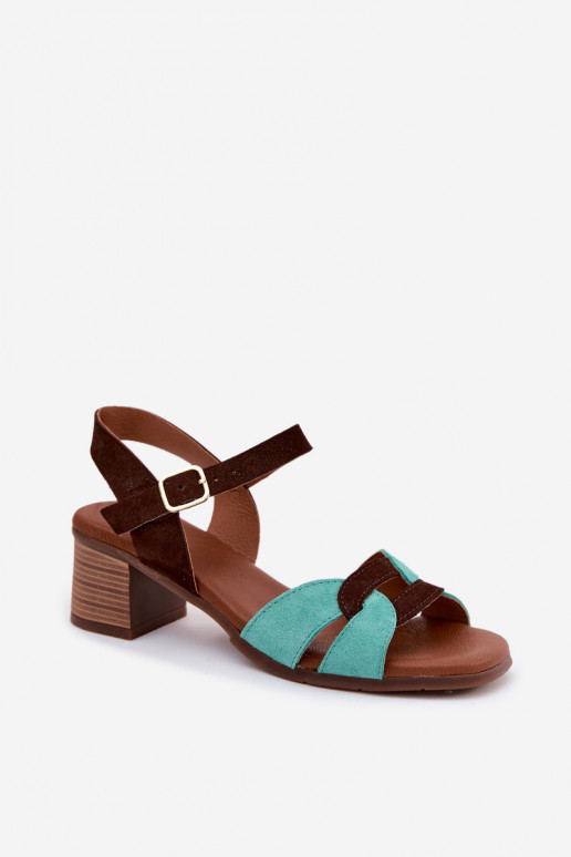 Sandalias de ante turquesa y marrón para mujer con tacón