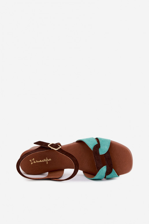Sandalias de ante turquesa y marrón para mujer con tacón
