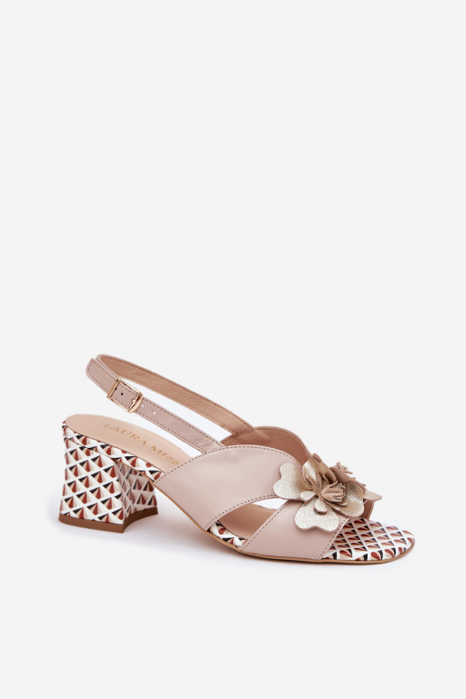 Piel Sandalias de tacón alto para mujer. con flores Laura Messi 2950 beige