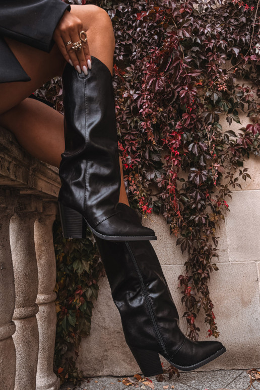 calentamiento botas estilo vaquero con tacones de cuero ecológico de color negro Tiene quevine