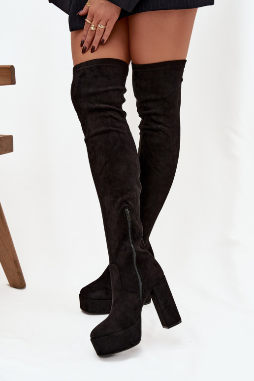 botas con tacones y plataforma por encima de la rodilla de gamuza ecológicaoAe de color negro Amareen