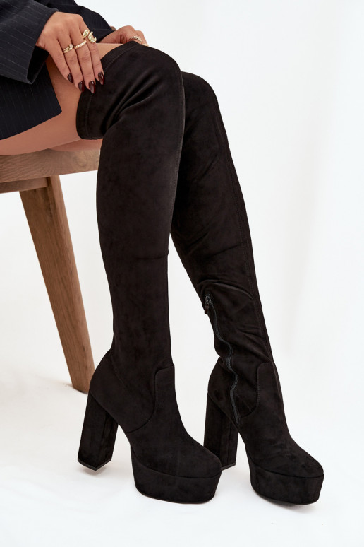 botas con tacones y plataforma por encima de la rodilla de gamuza ecológicaoAe de color negro Amareen