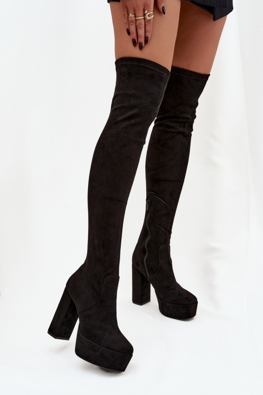 botas con tacones y plataforma por encima de la rodilla de gamuza ecológicaoAe de color negro Amareen
