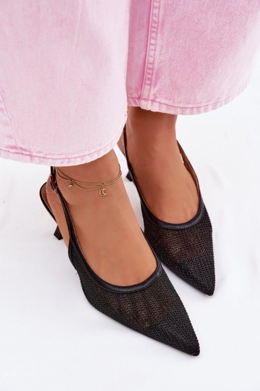 Sandalias de malla negras con tacón delgado Calora
