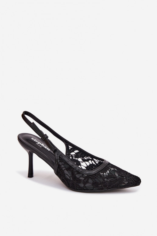 Sandalias de mujer con tacones finos con encaje de color negro Pelivelle