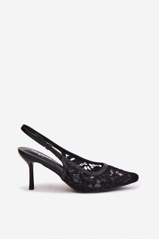 Sandalias de mujer con tacones finos con encaje de color negro Pelivelle