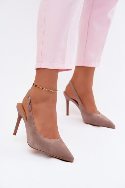 Sandalias de mujer con tacones finos en ante sintético color arena Kandy