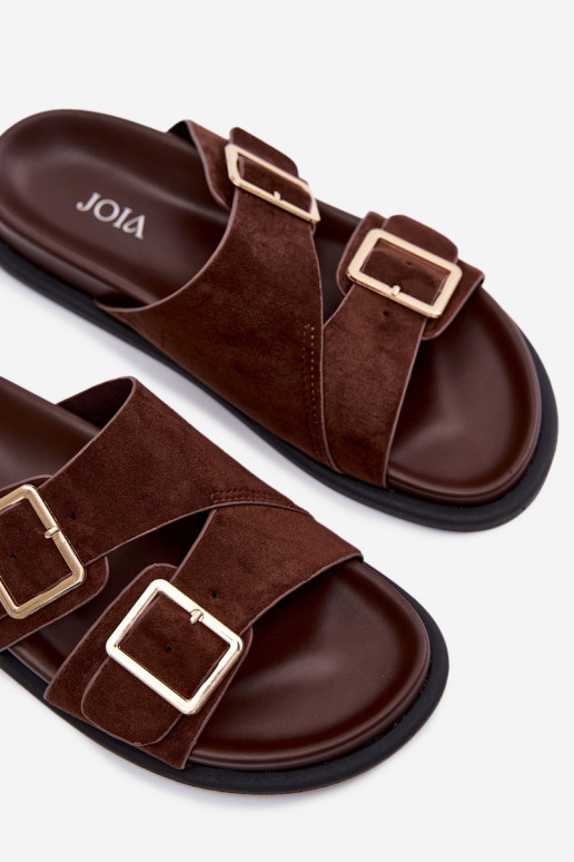 Chanclas de color chocolate de ante sintético para mujer con hebillas doradas Selissea