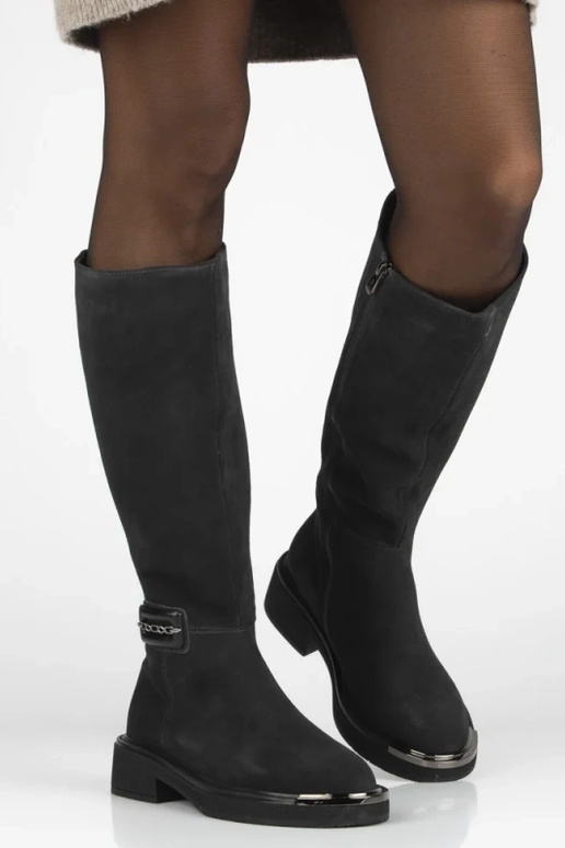 Botas de muslo gris grafito de ante natural con punta decorativa Charlie