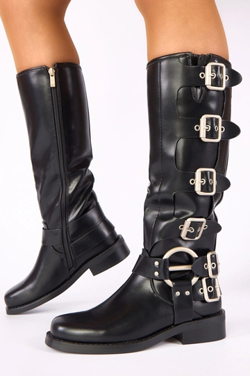 Botas negras altas con tacón plano decoradas con hebillas Taliba