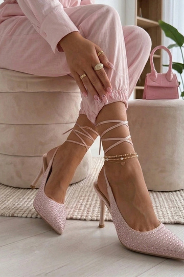 Tacones rosas con punta abierta adornados con rhinestones Edith