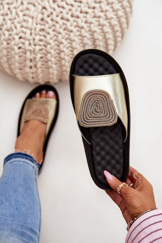 Zapatillas de cuero doradas para mujer con adornos KV51-028