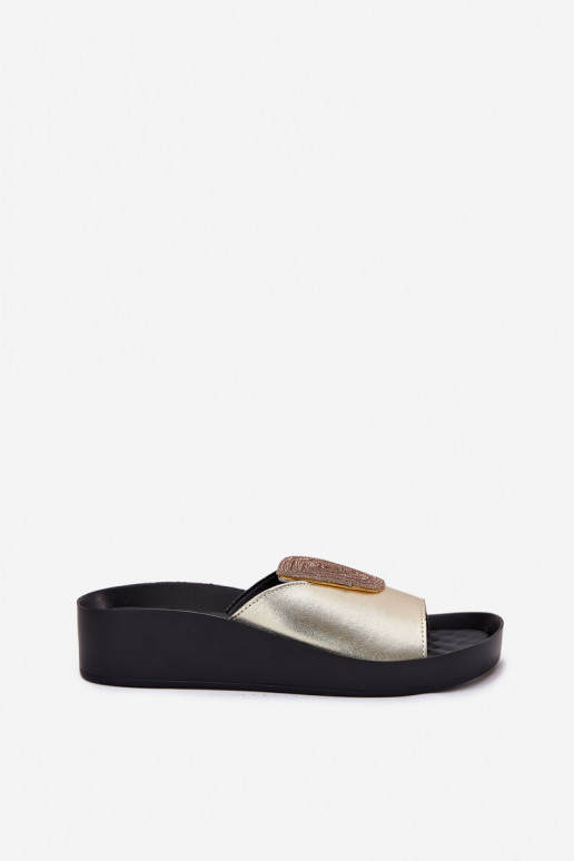 Zapatillas de cuero doradas para mujer con adornos KV51-028