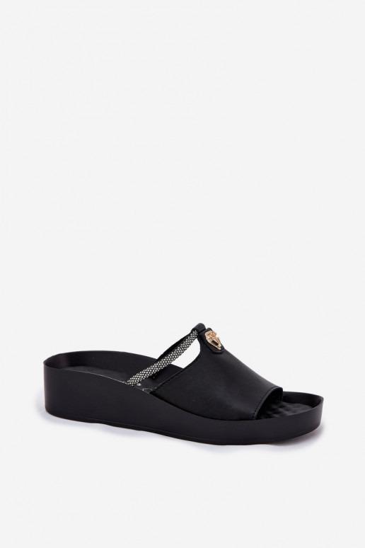 Zapatillas de cuero negras para mujer con tacones decorados KV51-034