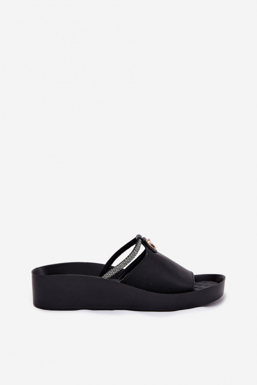 Zapatillas de cuero negras para mujer con tacones decorados KV51-034
