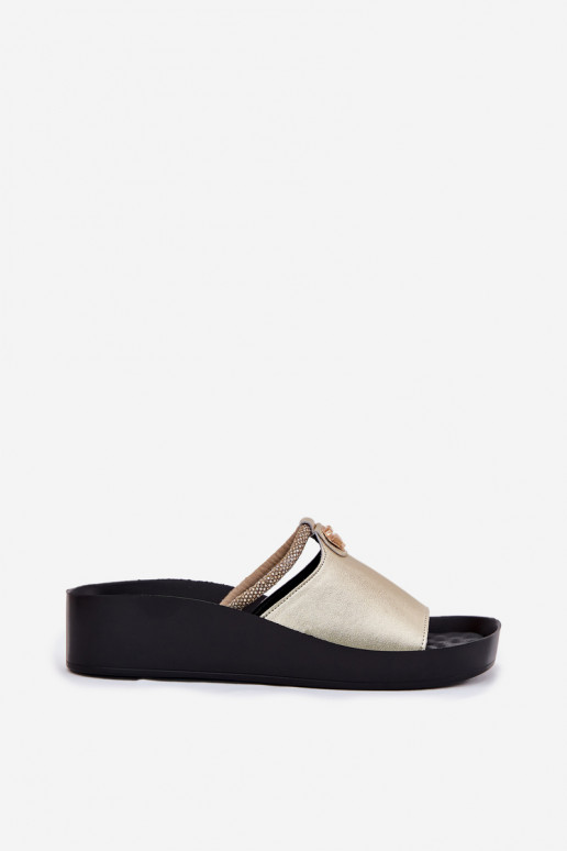 Zapatillas de cuero doradas para mujer con tacones decorados KV51-034