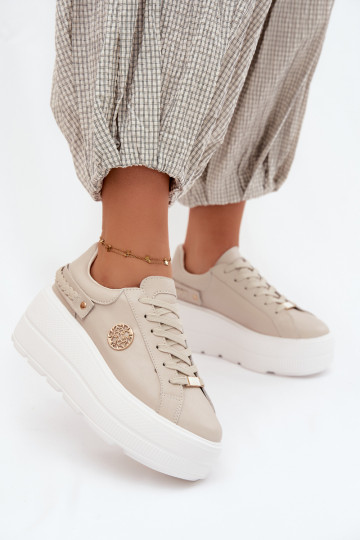 Zapatillas de deporte de piel sintética para mujeres con plataforma D&A LR61-7095 en color arena