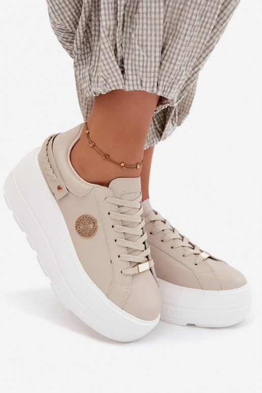 Zapatillas de deporte de piel sintética para mujeres con plataforma D&A LR61-7095 en color arena
