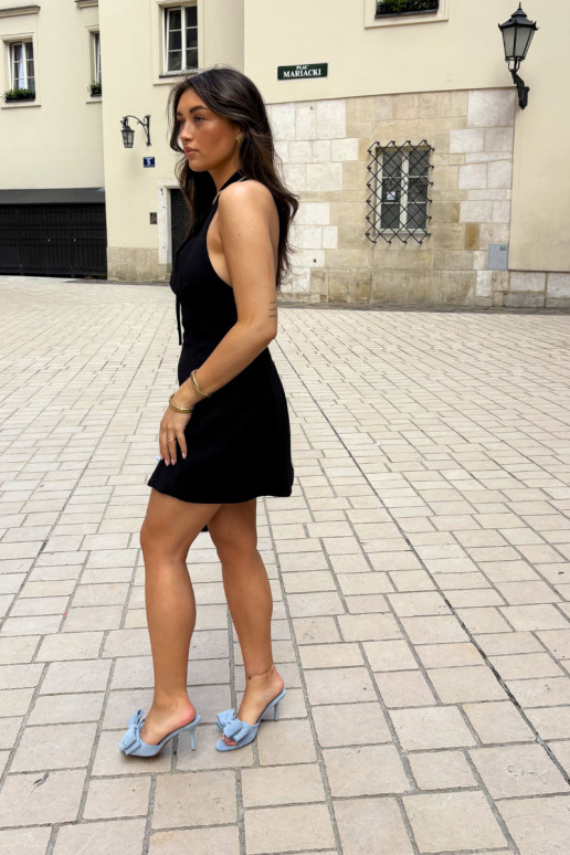 Zapatillas de mujer con tacones delgados y lazos en ante azul Tai turignolia