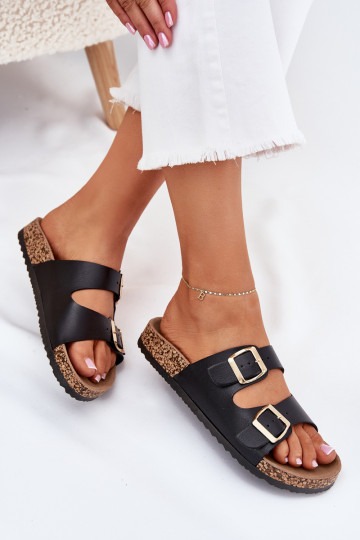 Zapatillas negras para mujer con hebillas de cuero sintético Iskira