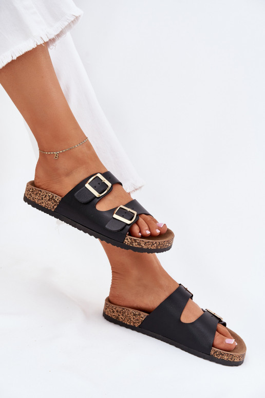 Zapatillas negras para mujer con hebillas de cuero sintético Iskira