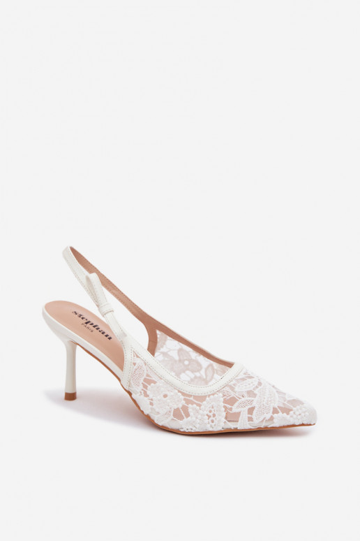 Sandalias de mujer con tacones finos con encaje el color blanco Pelivelle