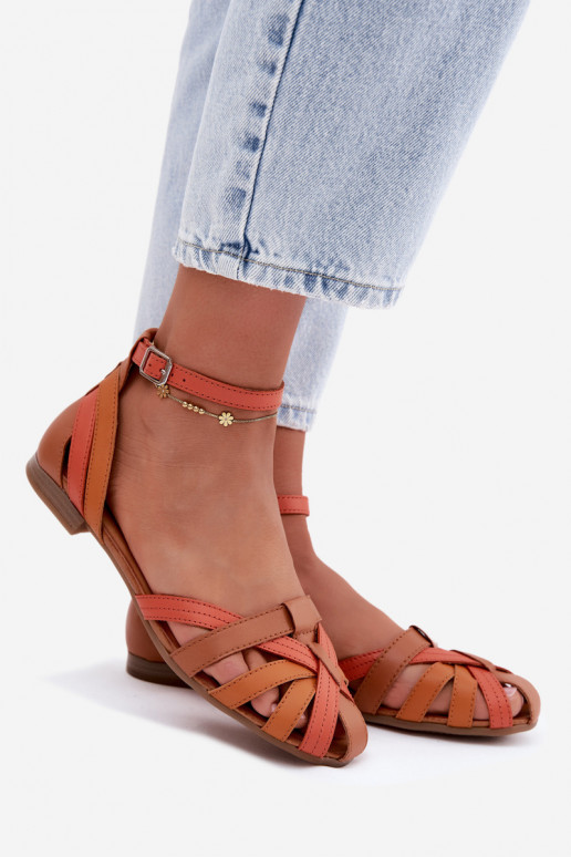 Sandalias de mujer marrón anaranjado con tacones anchos y tiras Tai turiciejka P7539-18