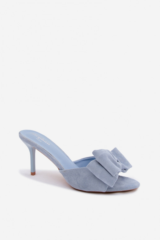 Zapatillas de mujer con tacones delgados y lazos en ante azul Tai turignolia