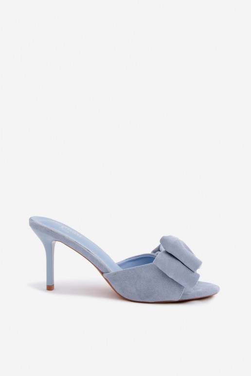 Zapatillas de mujer con tacones delgados y lazos en ante azul Tai turignolia
