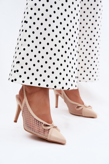 Sandalias beiges de malla con tacones finos y lazos Moona