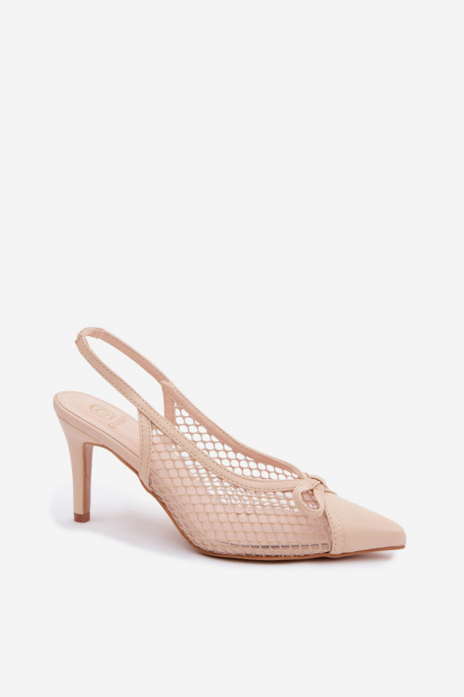 Sandalias beiges de malla con tacones finos y lazos Moona