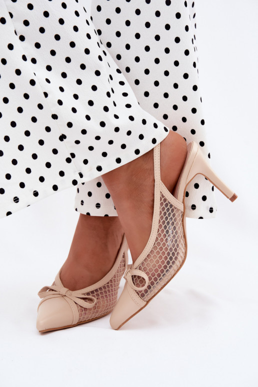 Sandalias beiges de malla con tacones finos y lazos Moona