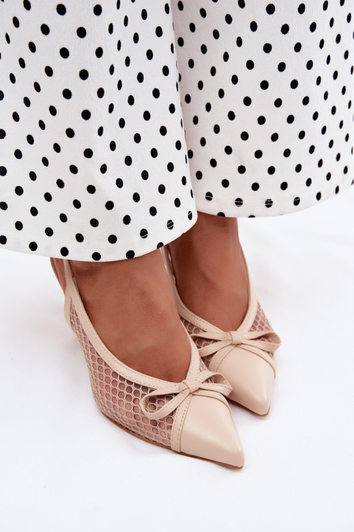 Sandalias beiges de malla con tacones finos y lazos Moona