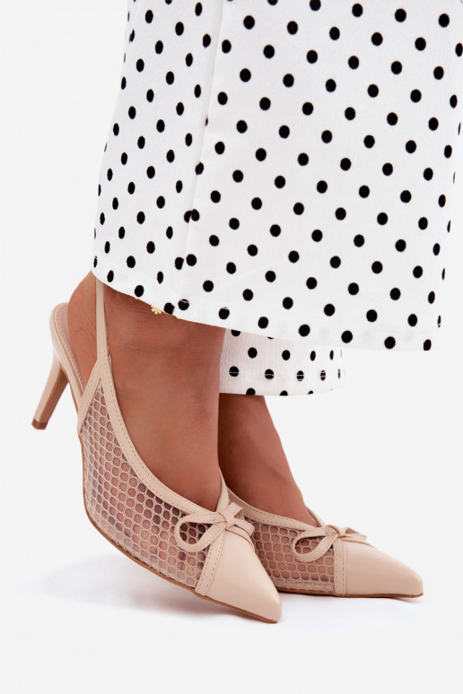 Sandalias beiges de malla con tacones finos y lazos Moona