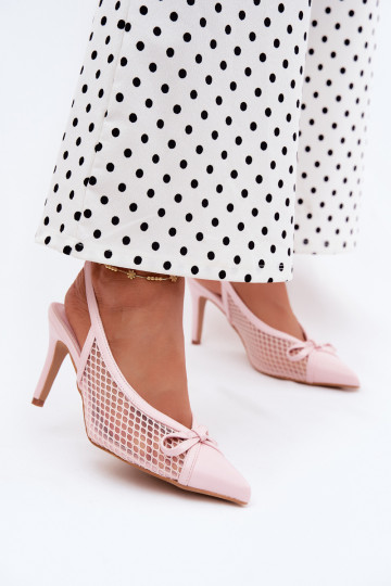 Sandalias de malla con tacones delgados y lazos en color rosa Moona