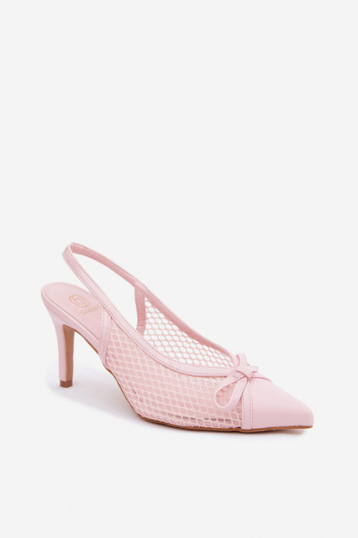 Sandalias de malla con tacones delgados y lazos en color rosa Moona