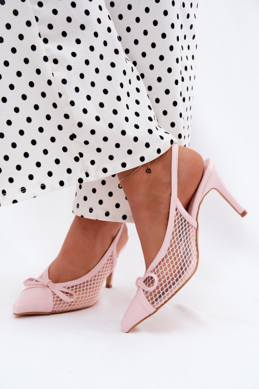 Sandalias de malla con tacones delgados y lazos en color rosa Moona
