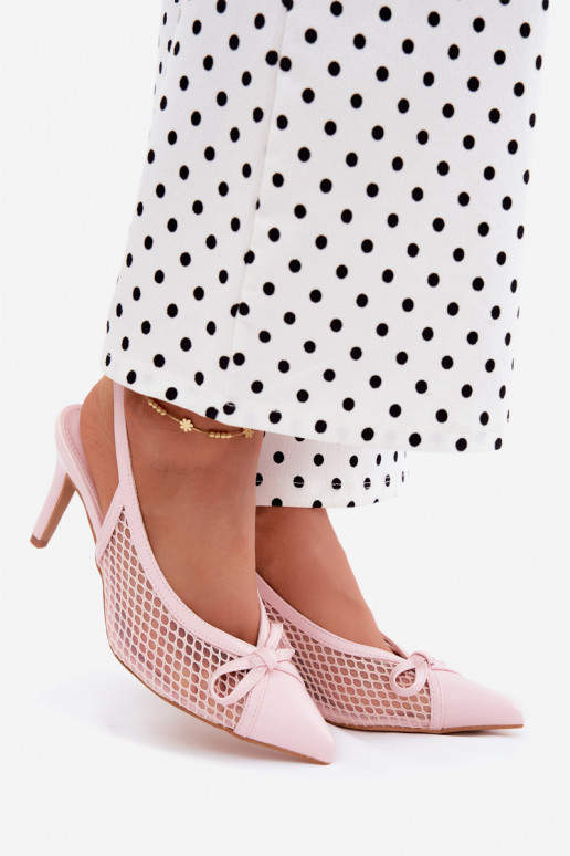 Sandalias de malla con tacones delgados y lazos en color rosa Moona