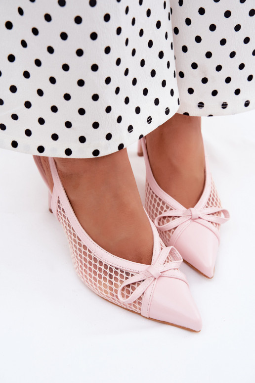 Sandalias de malla con tacones delgados y lazos en color rosa Moona