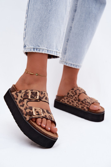 Zapatillas de plataforma para mujer con hebillas, estampado de leopardo