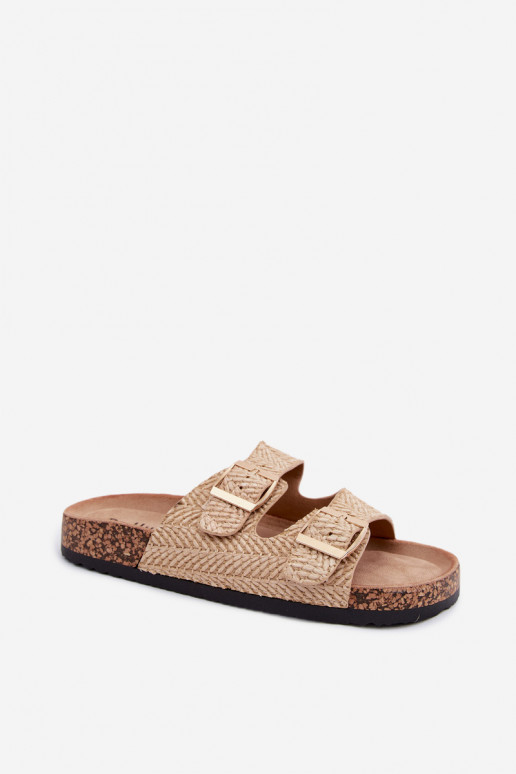 Zapatillas de mujer con trenzas y hebillas doradas en color arena Tai turignovia
