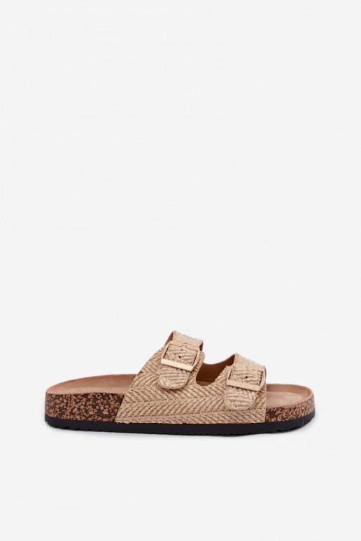 Zapatillas de mujer con trenzas y hebillas doradas en color arena Tai turignovia