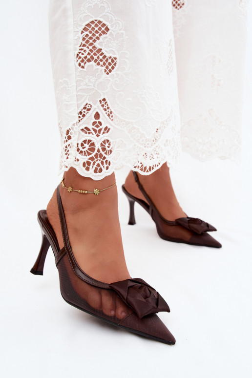 Sandalias de malla con ornamentos y tacones en chocolate Jasmina