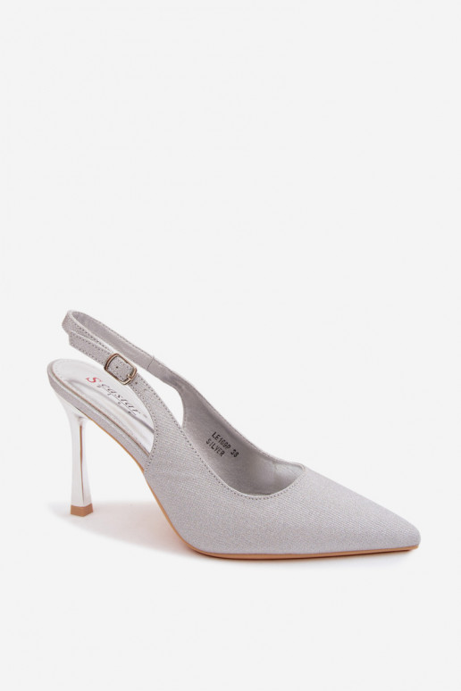 Zapatos de tacón plateados brillantes con tacón abierto Marcella
