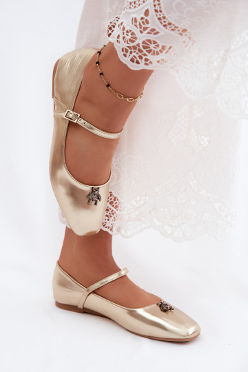 Bailarinas para mujer con tirantes y hebillas en color oro de cuero sintético Pinea