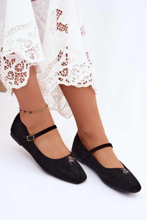 Bailarinas para mujer con tirantes y hebillas en color negro de ante sintético Pinea