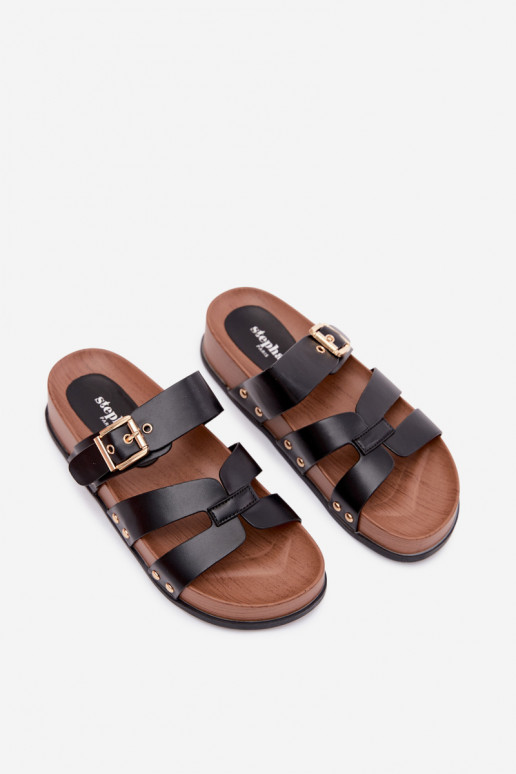 Zapatillas para mujeres de cuero sintético con hebillas en negro Cambria