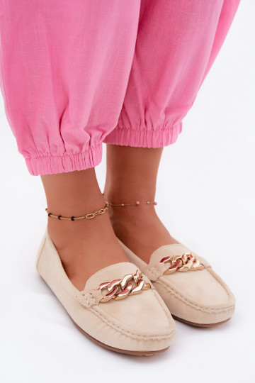 Mocasines dorados para mujer con cadena de ante sintético color arena Amaretto