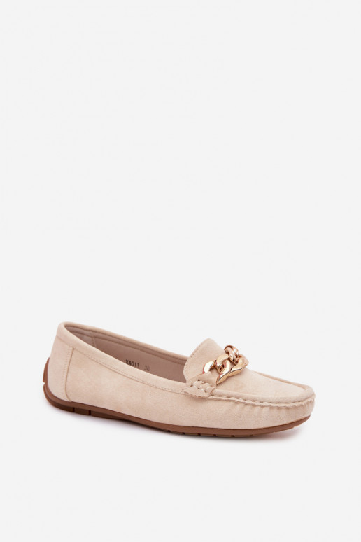 Mocasines dorados para mujer con cadena de ante sintético color arena Amaretto