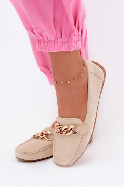 Mocasines dorados para mujer con cadena de ante sintético color arena Amaretto